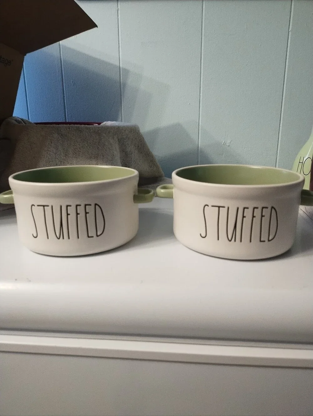 New Rae Dunn 'STUFFED' Ceramic Souffle Baking Dishes with Green Interior